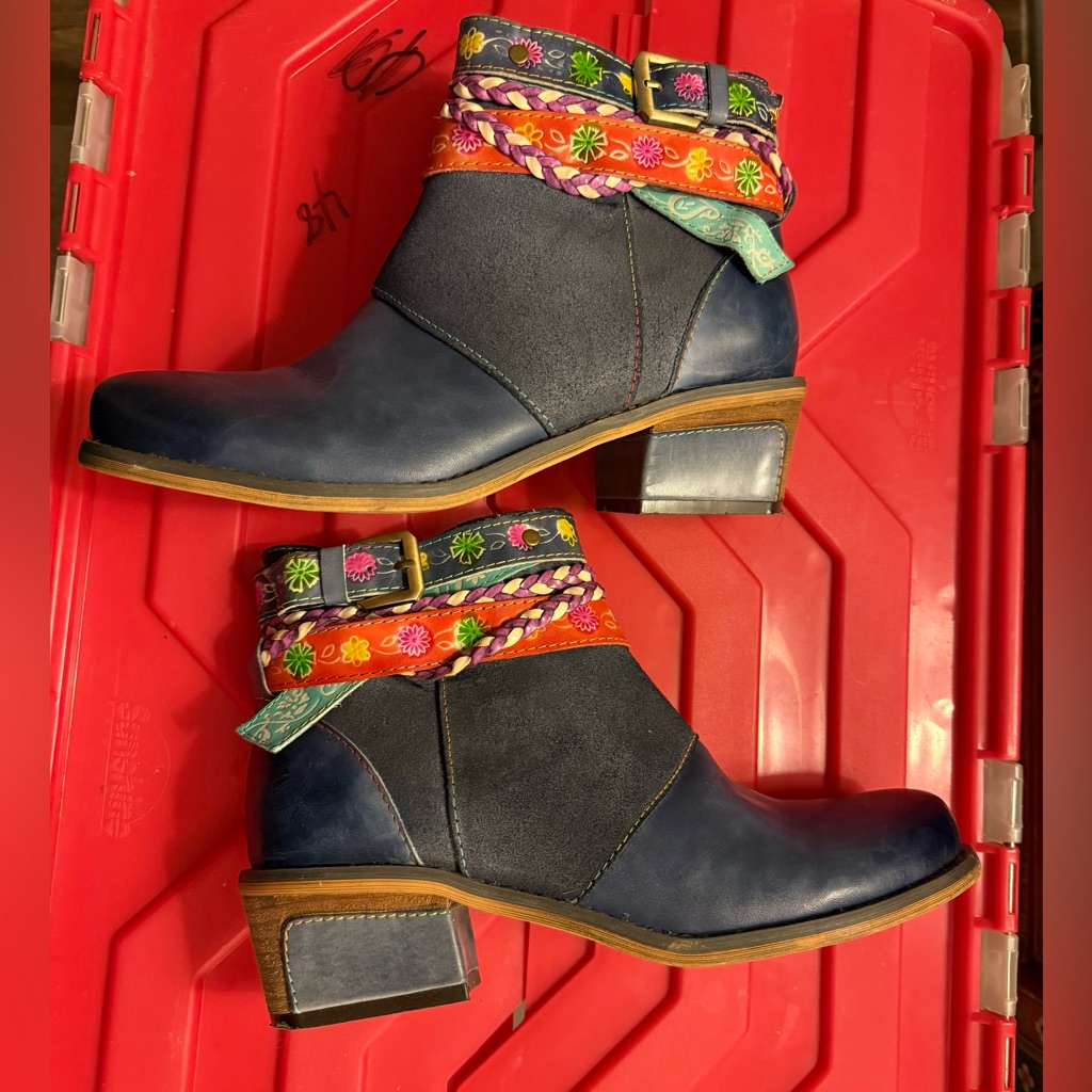 Women's Navy Leather Ankle Boots With Floral Trim